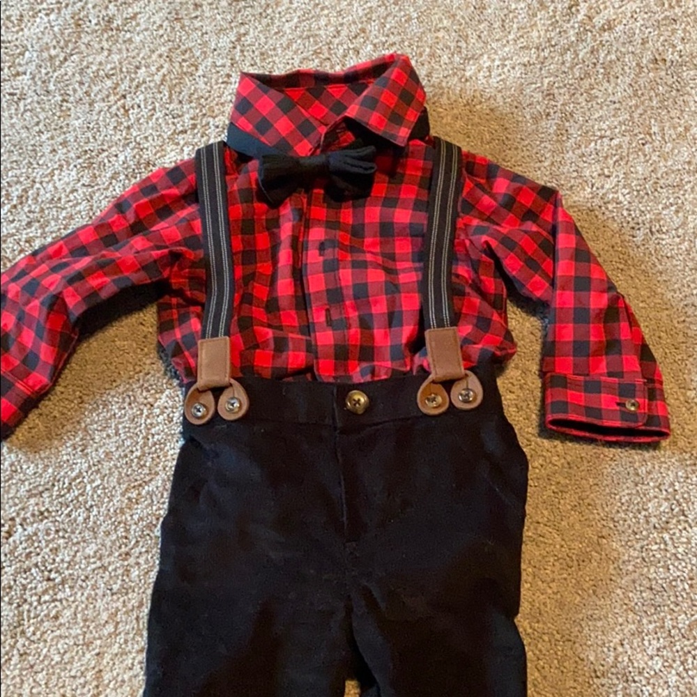 Buffalo plaid suspender Christmas outfit